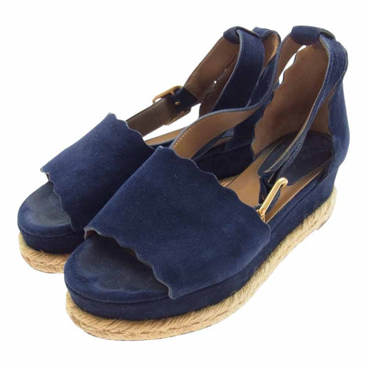 Chloe クロエ エスパドリーユ アンクル ストラップ ウェッジ スエード サンダル ネイビー系 ベージュ系 35【中古】