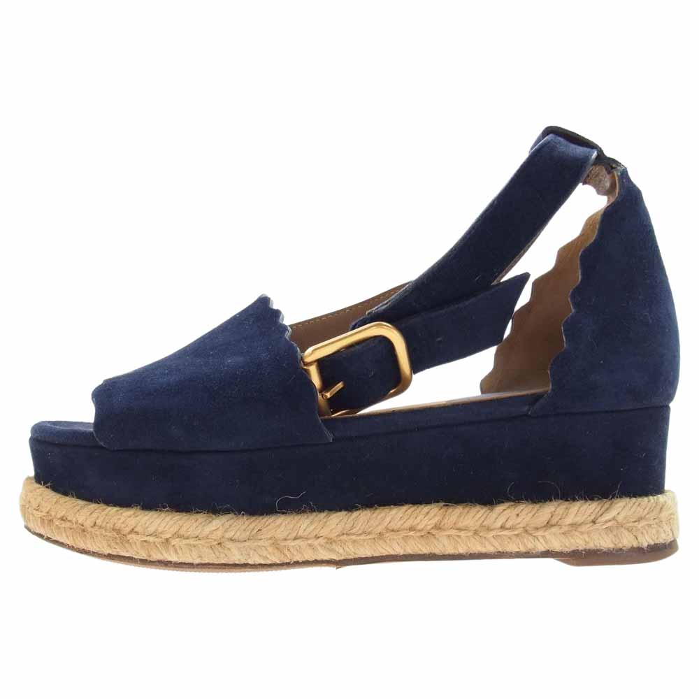 Chloe クロエ エスパドリーユ アンクル ストラップ ウェッジ スエード サンダル ネイビー系 ベージュ系 35【中古】