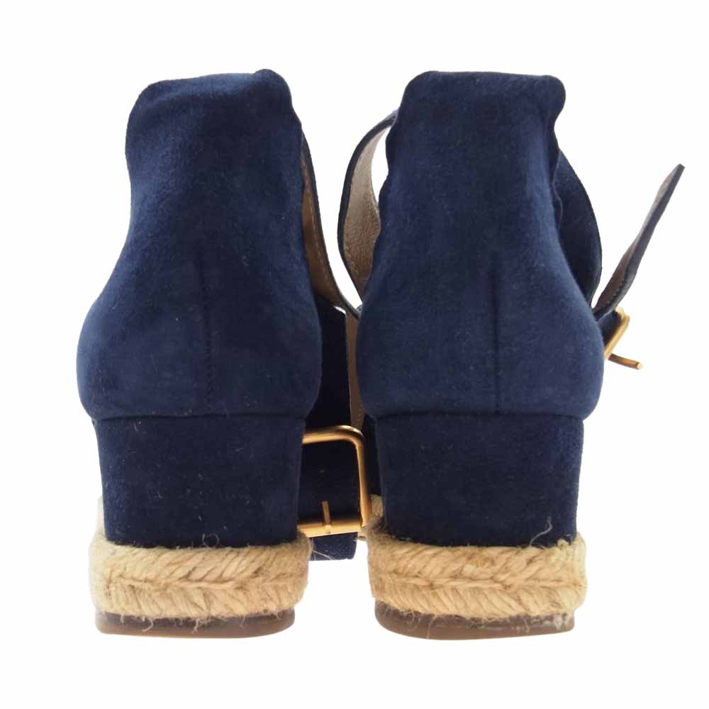 Chloe クロエ エスパドリーユ アンクル ストラップ ウェッジ スエード サンダル ネイビー系 ベージュ系 35【中古】