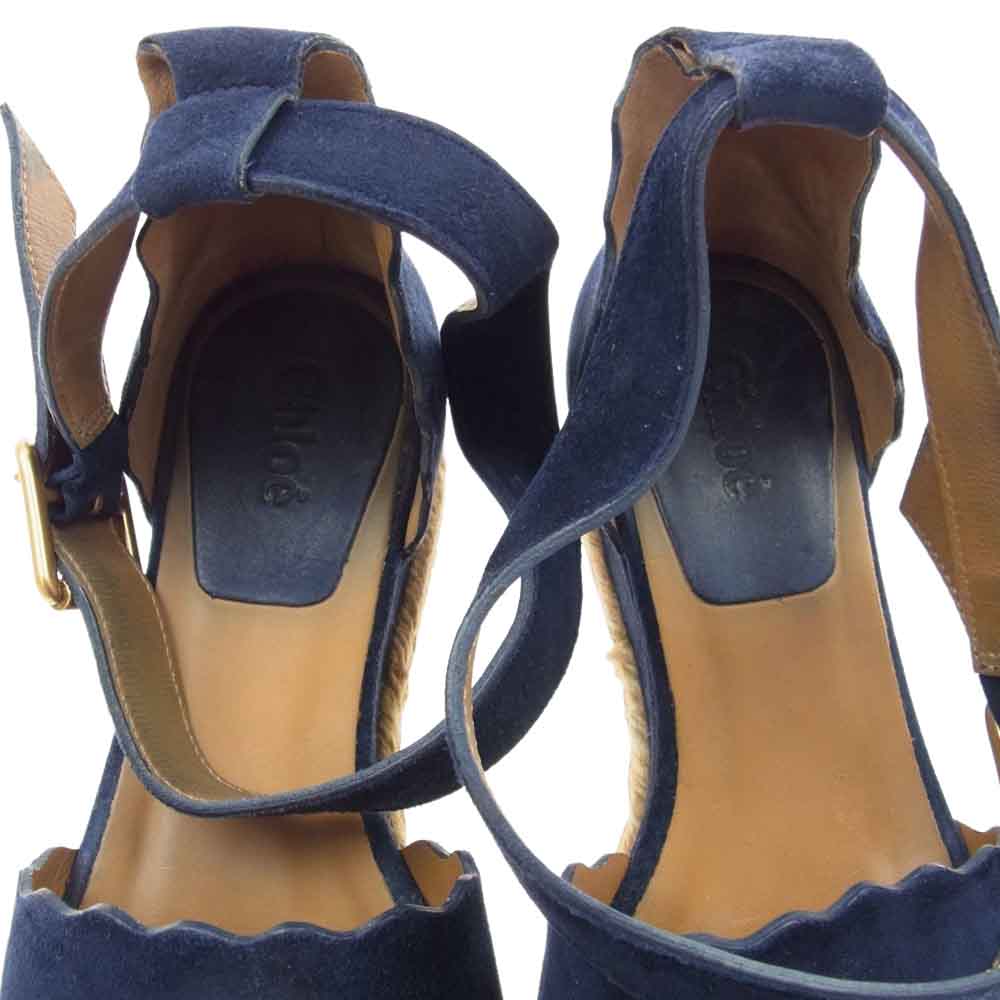 Chloe クロエ エスパドリーユ アンクル ストラップ ウェッジ スエード サンダル ネイビー系 ベージュ系 35【中古】