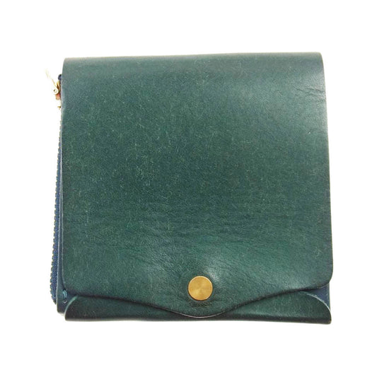 モク 小さく 薄い 財布 Saku サク レザー 二つ折り 財布 グリーン系【中古】