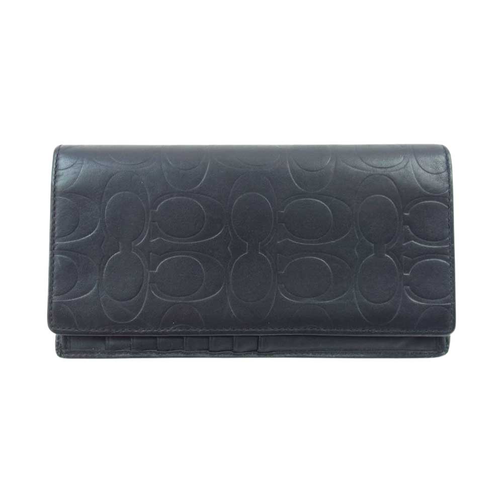 COACH コーチ シグネチャー 型押し 二つ折り 長財布 ブラック系【中古】