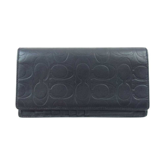 COACH コーチ シグネチャー 型押し 二つ折り 長財布 ブラック系【中古】