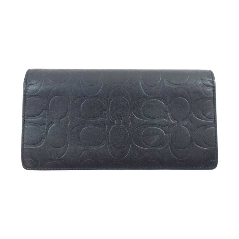 COACH コーチ シグネチャー 型押し 二つ折り 長財布 ブラック系【中古】
