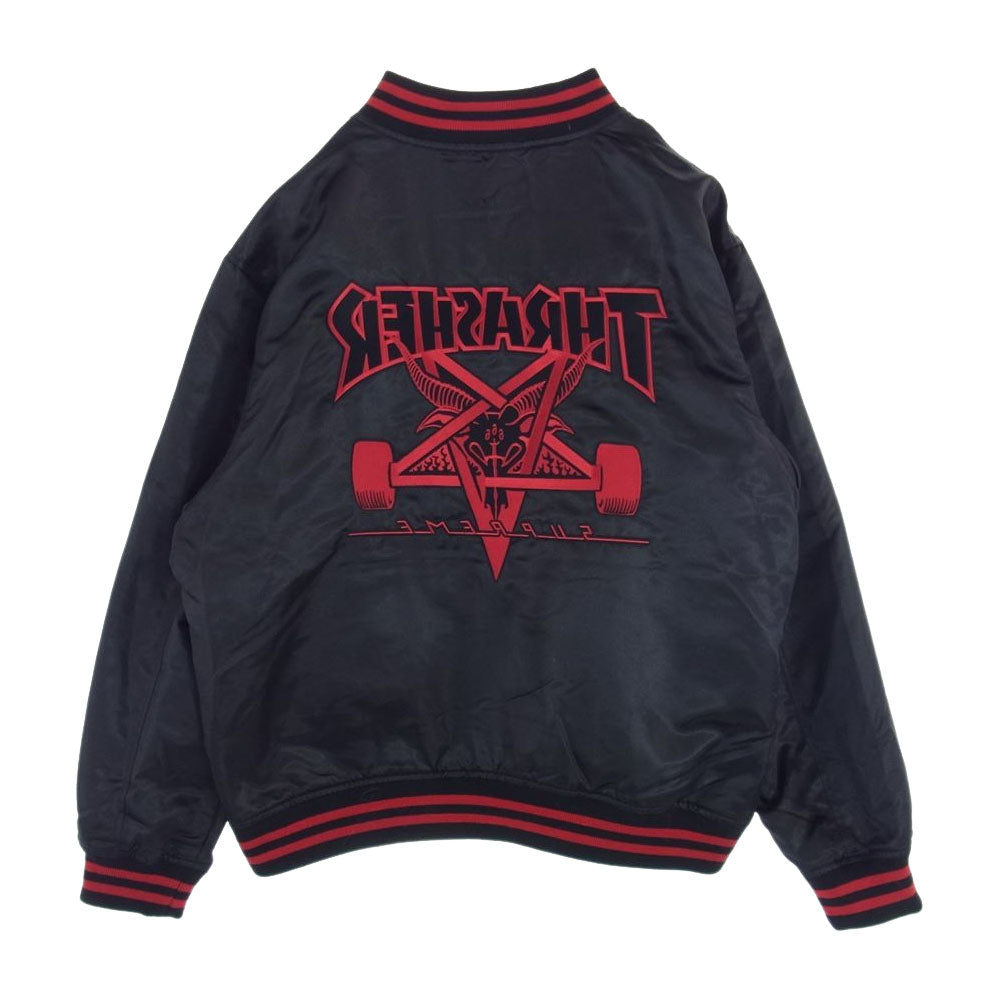 Supreme シュプリーム 21AW × Thrasher スラッシャー Satin Varsity Jacket サテン バーシティ ジャケット ブラック系 XL【中古】