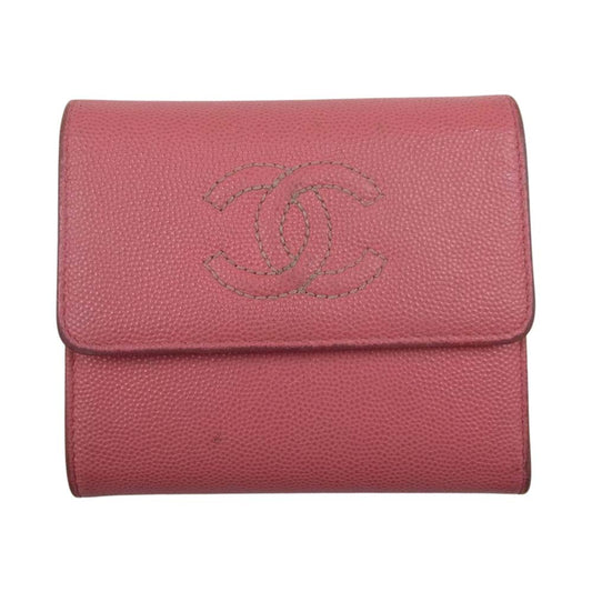 CHANEL シャネル キャビア ココマーク  三つ折り レザー 財布 ピンク系【中古】