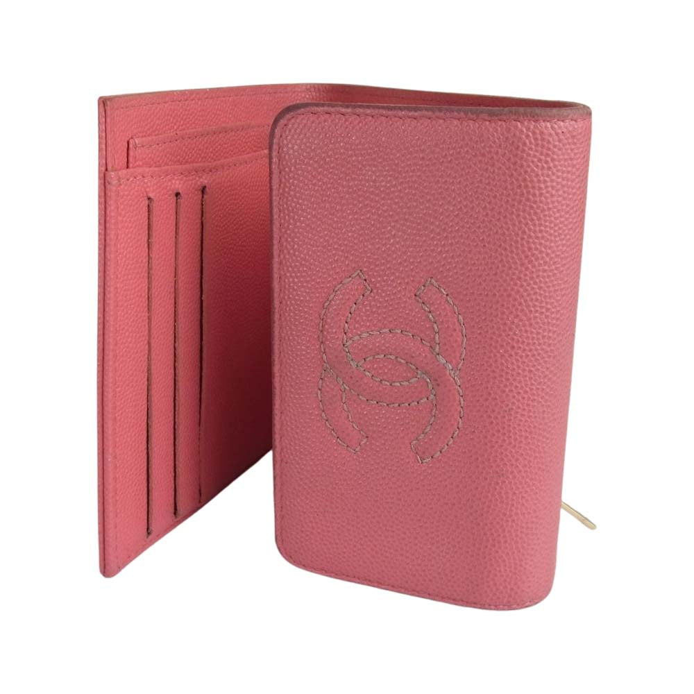 CHANEL シャネル キャビア ココマーク  三つ折り レザー 財布 ピンク系【中古】