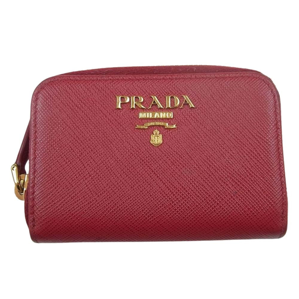 PRADA プラダ 1ML040 ゴールド金具 ロゴ レザー ラウンドファスナー カードケース レッド系【中古】