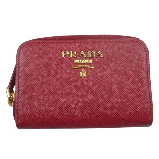 PRADA プラダ 1ML040 ゴールド金具 ロゴ レザー ラウンドファスナー カードケース レッド系【中古】