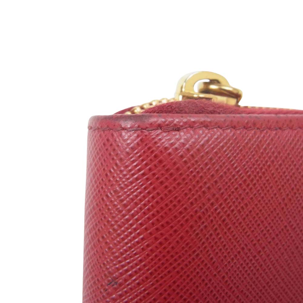 PRADA プラダ 1ML040 ゴールド金具 ロゴ レザー ラウンドファスナー カードケース レッド系【中古】