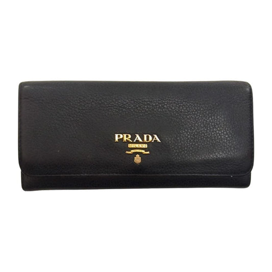 PRADA プラダ パスケース付き ロゴ レザー ロングウォレット 長財布 ブラック系【中古】