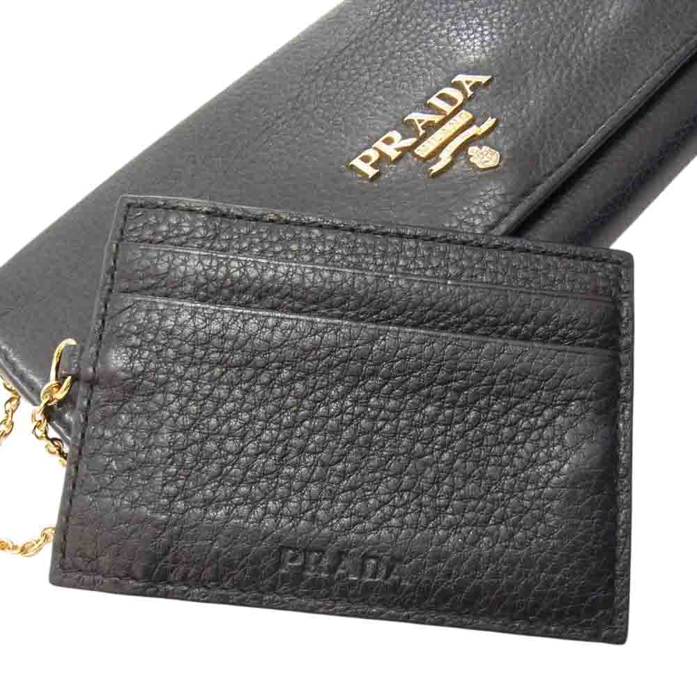 PRADA プラダ パスケース付き ロゴ レザー ロングウォレット 長財布 ブラック系【中古】