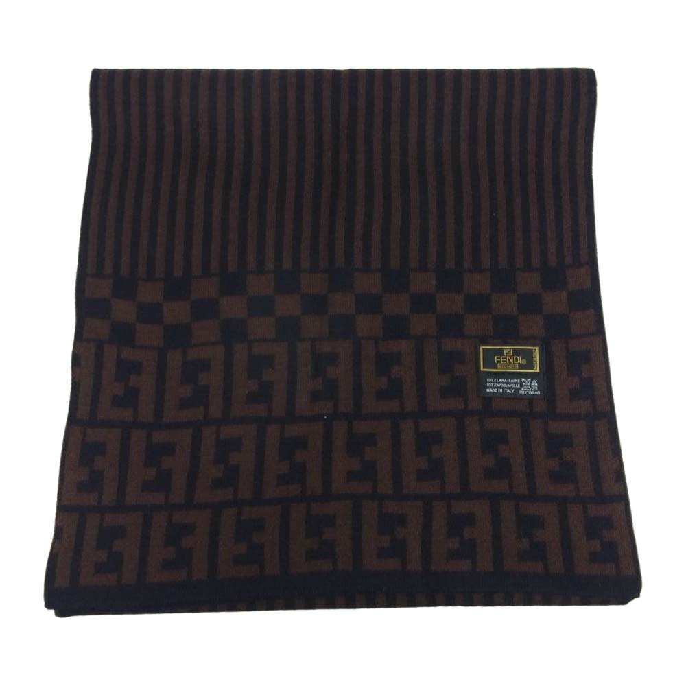 FENDI フェンディ ズッカ ストライプ ウール マフラー ブラック系 ブラウン系【中古】