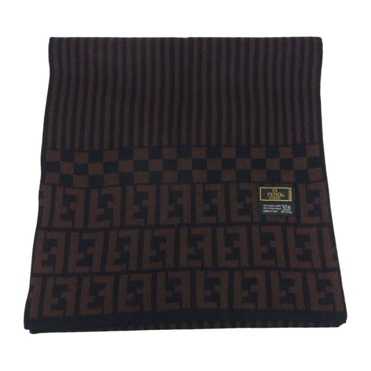 FENDI フェンディ ズッカ ストライプ ウール マフラー ブラック系 ブラウン系【中古】