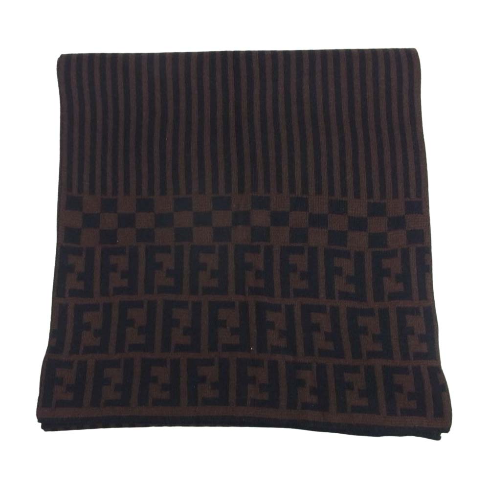 FENDI フェンディ ズッカ ストライプ ウール マフラー ブラック系 ブラウン系【中古】