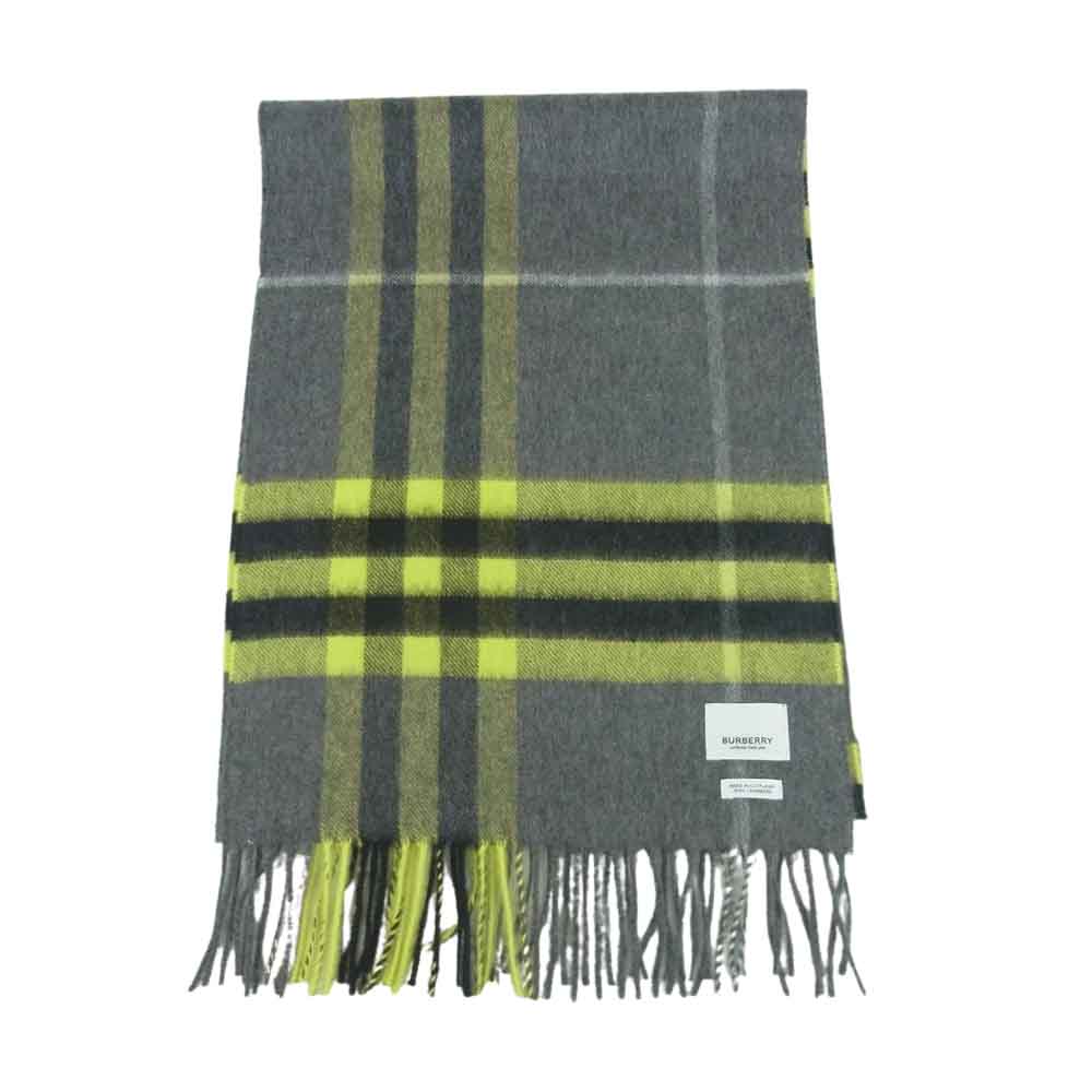 BURBERRY LONDON バーバリー ロンドン スコットランド製 チェック カシミヤ100％ フリンジ マフラー グレー系 イエロー系【中古】