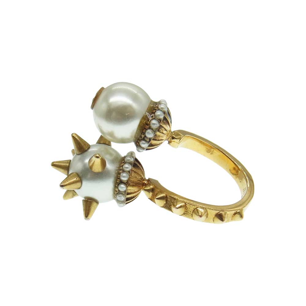 GUCCI グッチ インターロッキングG スパイク スタッズ ニードル パール 2連 リング ゴールド系 11号【中古】