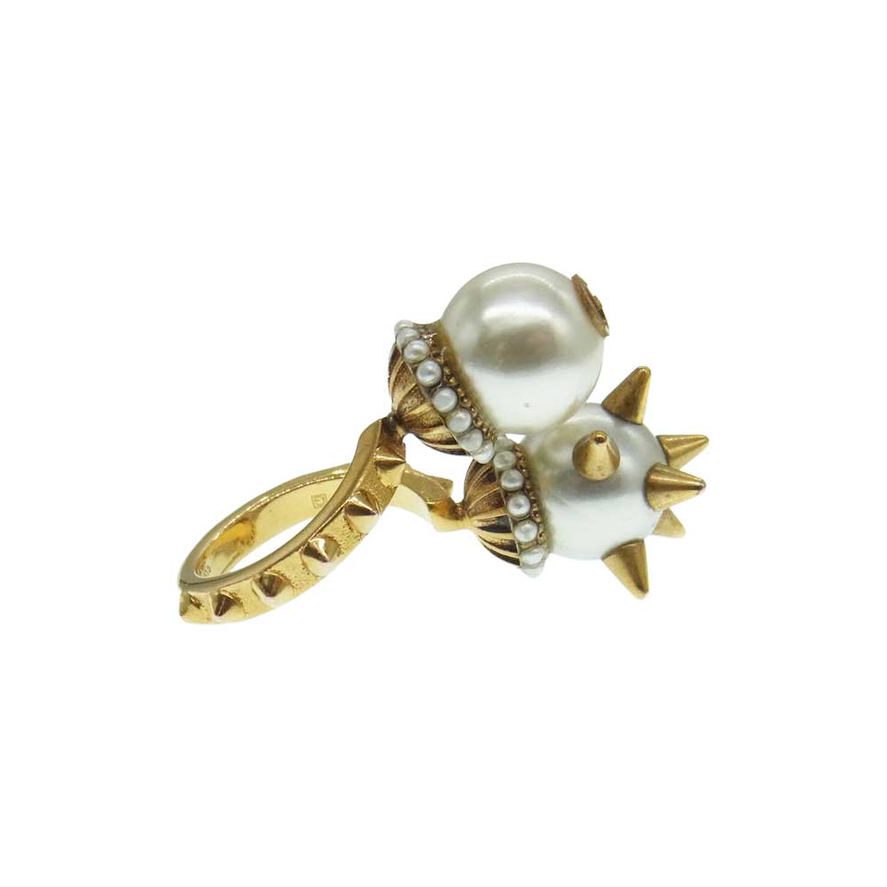 GUCCI グッチ インターロッキングG スパイク スタッズ ニードル パール 2連 リング ゴールド系 11号【中古】