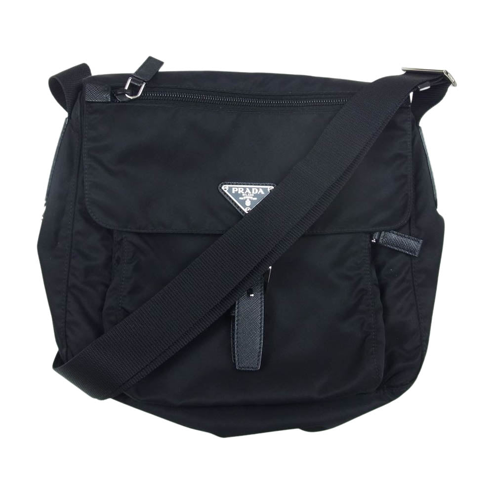 PRADA プラダ 1BD994 トライアングル ロゴプレート ナイロン フラップ ベルト ショルダーバッグ ブラック系【中古】