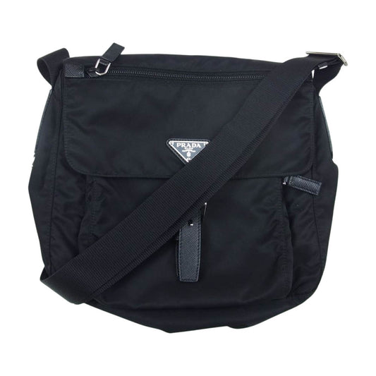 PRADA プラダ 1BD994 トライアングル ロゴプレート ナイロン フラップ ベルト ショルダーバッグ ブラック系【中古】