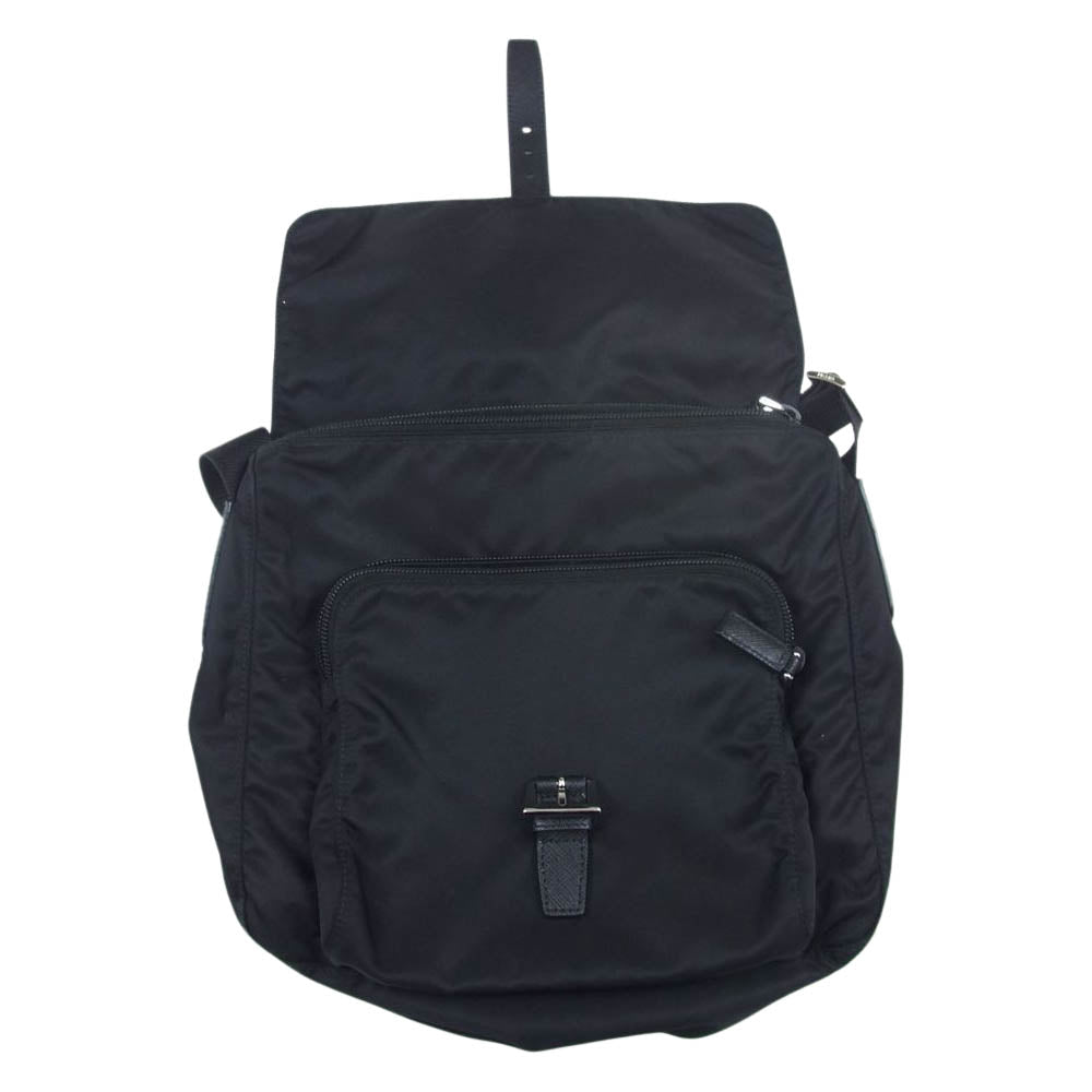 PRADA プラダ 1BD994 トライアングル ロゴプレート ナイロン フラップ ベルト ショルダーバッグ ブラック系【中古】