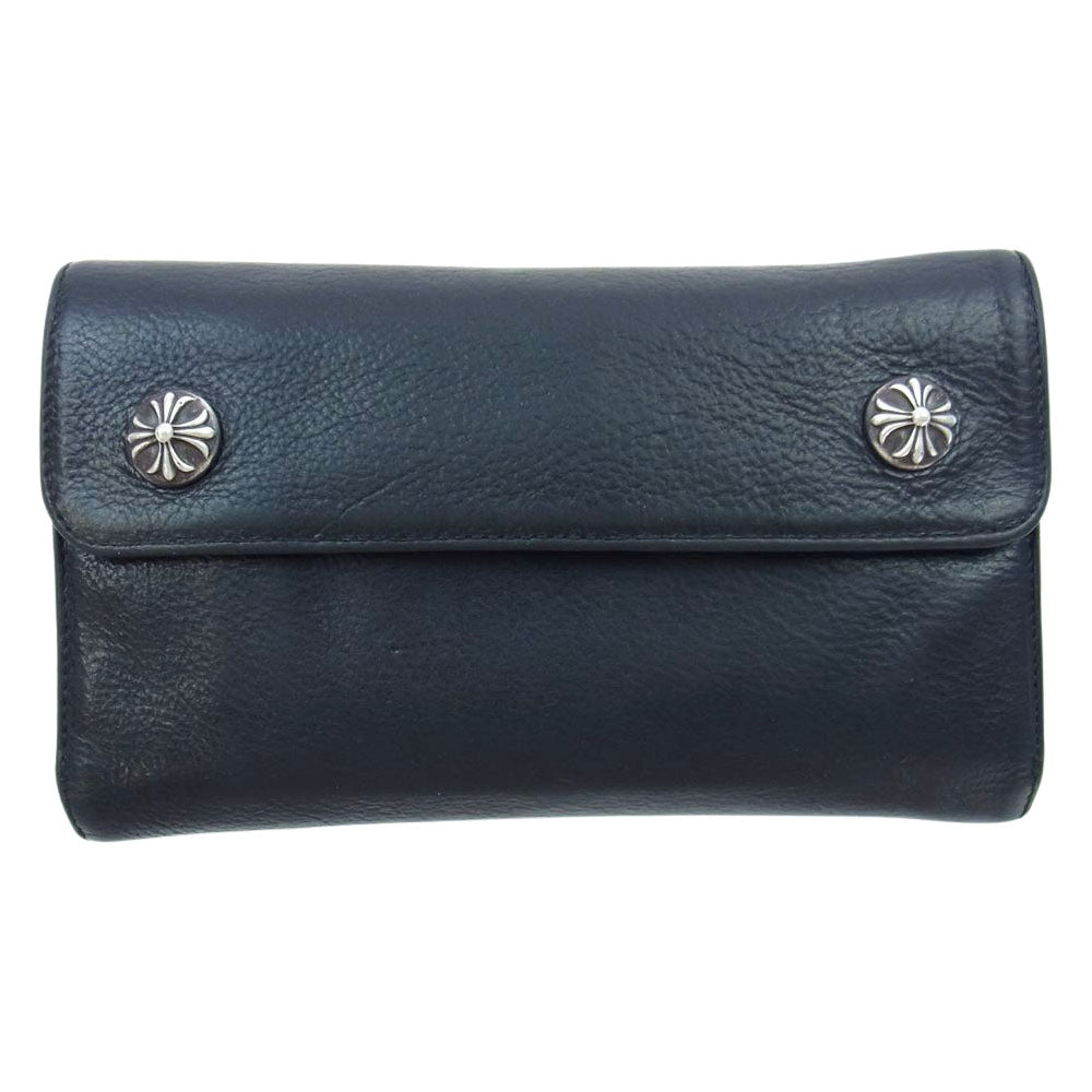 CHROME HEARTS クロムハーツ（原本有） WAVE CROSS BALL ウェーブ クロスボール ボタン レザー ウォレット 長財布  ブラック系【中古】