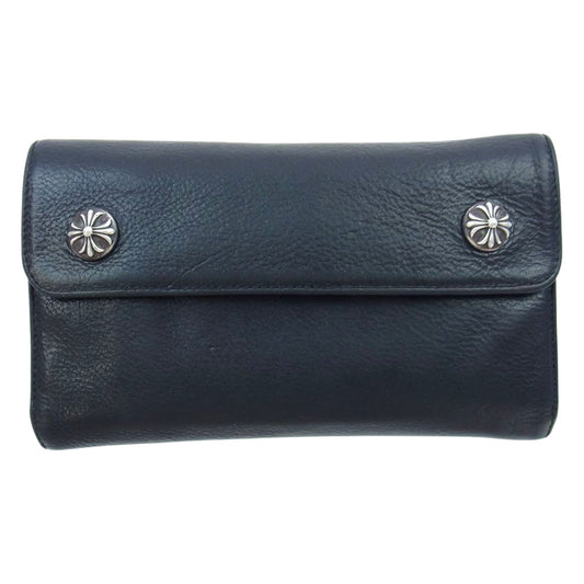 CHROME HEARTS クロムハーツ（原本有） WAVE CROSS BALL ウェーブ クロスボール ボタン レザー ウォレット 長財布  ブラック系【中古】