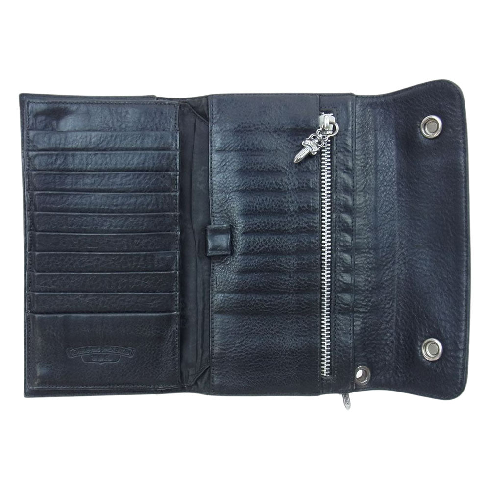 CHROME HEARTS クロムハーツ（原本有） WAVE CROSS BALL ウェーブ クロスボール ボタン レザー ウォレット 長財布  ブラック系【中古】