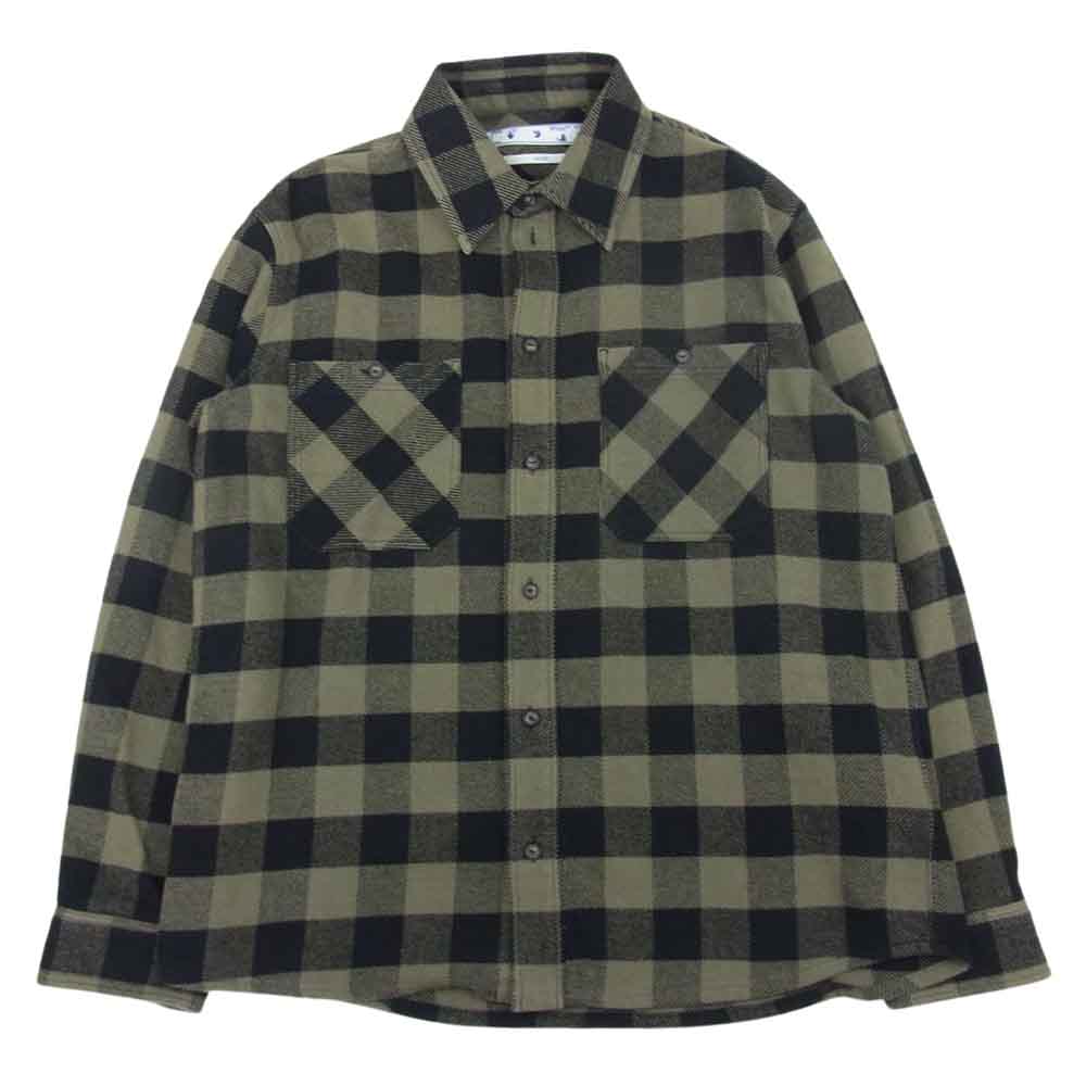 OFF-WHITE オフホワイト 21AW OMGA133F21FAB001 国内正規品 Plaid flannel shirt バックアロー ブロックチェック フランネル シャツ ブラック系 カーキ系 XL【中古】