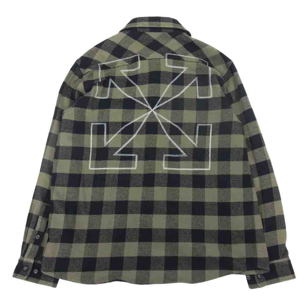 OFF-WHITE オフホワイト 21AW OMGA133F21FAB001 国内正規品 Plaid flannel shirt バックアロー ブロックチェック フランネル シャツ ブラック系 カーキ系 XL【中古】
