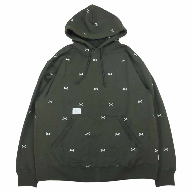 WTAPS ダブルタップス 22AW 222ATDT-CSM26 ACNE HOODY CTPL TEXTILE クロスボーン 刺繍 総柄 パーカー カーキ系 3【新古品】【未使用】【中古】