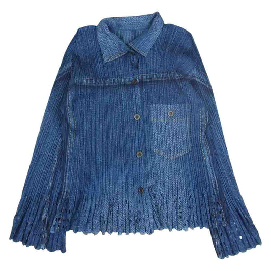 PLEATS PLEASE プリーツプリーズ イッセイミヤケ PP31-JJ703 プリーツ加工 デニム 転写 プリント カットワーク ジャケット インディゴブルー系 3【美品】【中古】