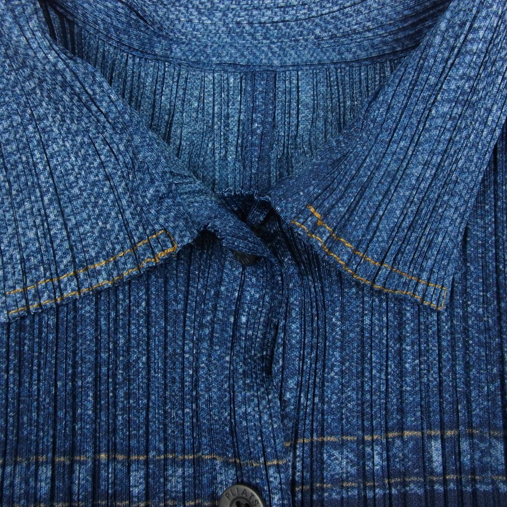 PLEATS PLEASE プリーツプリーズ イッセイミヤケ PP31-JJ703 プリーツ加工 デニム 転写 プリント カットワーク ジャケット インディゴブルー系 3【美品】【中古】