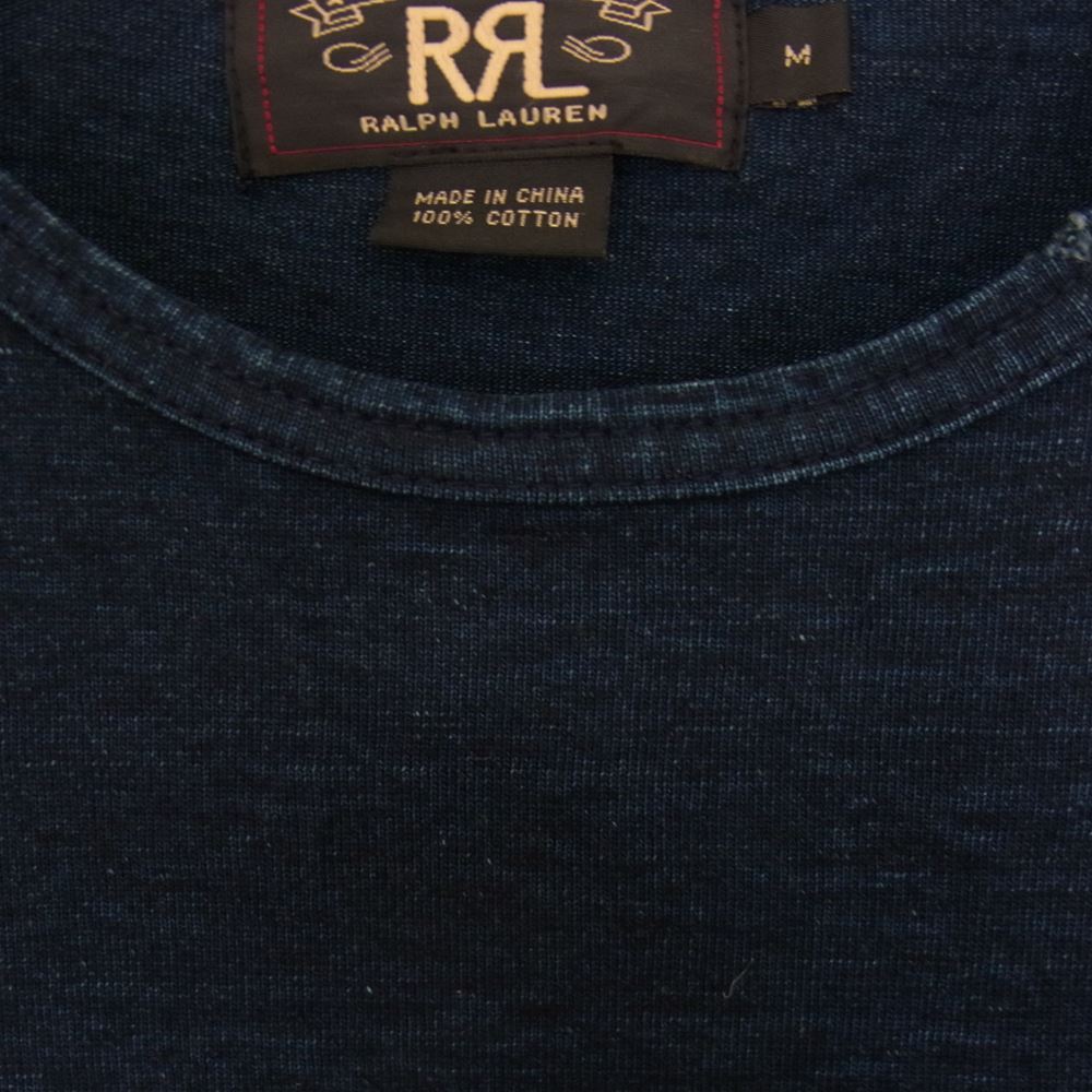 新品 RRL USED加工 最高級NAVYロゴプリントインディゴコットンTシャツ