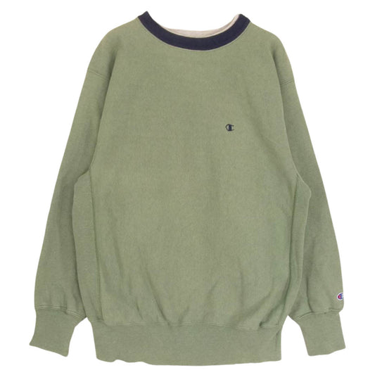 Champion チャンピオン 90s REVERSE WEAVE リメイク エルボーパッチ ダブル ネック リバースウィーブ スウェット モスグリーン系 XL【中古】
