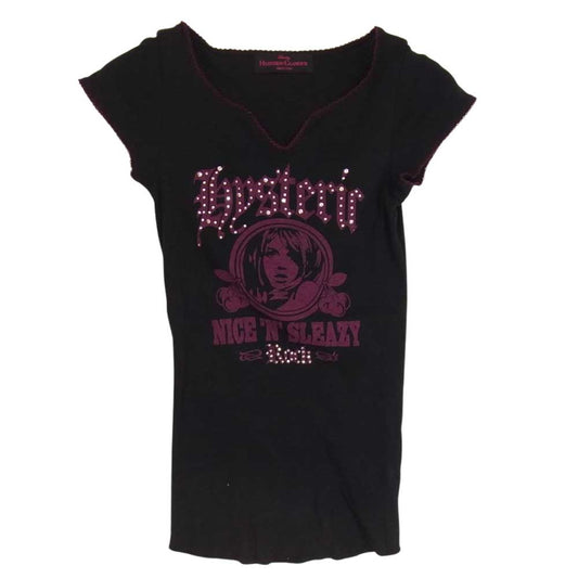 HYSTERIC GLAMOUR ヒステリックグラマー NICE N SLEAZY ROCK ラインストーン カットソー Tシャツ ブラック系 FREE【中古】
