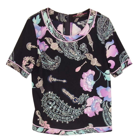 LEONARD レオナール FASHION ファッション ビジュー ラインストーン スパンコール装飾 長袖 Tシャツ カットソー ダークネイビー系 L【中古】