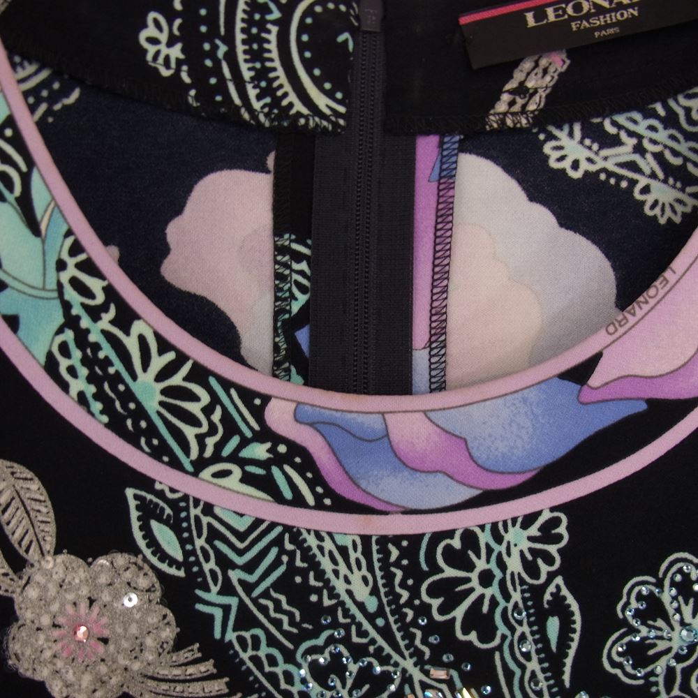 LEONARD レオナール FASHION ファッション ビジュー ラインストーン スパンコール装飾 長袖 Tシャツ カットソー ダークネイビー系 L【中古】