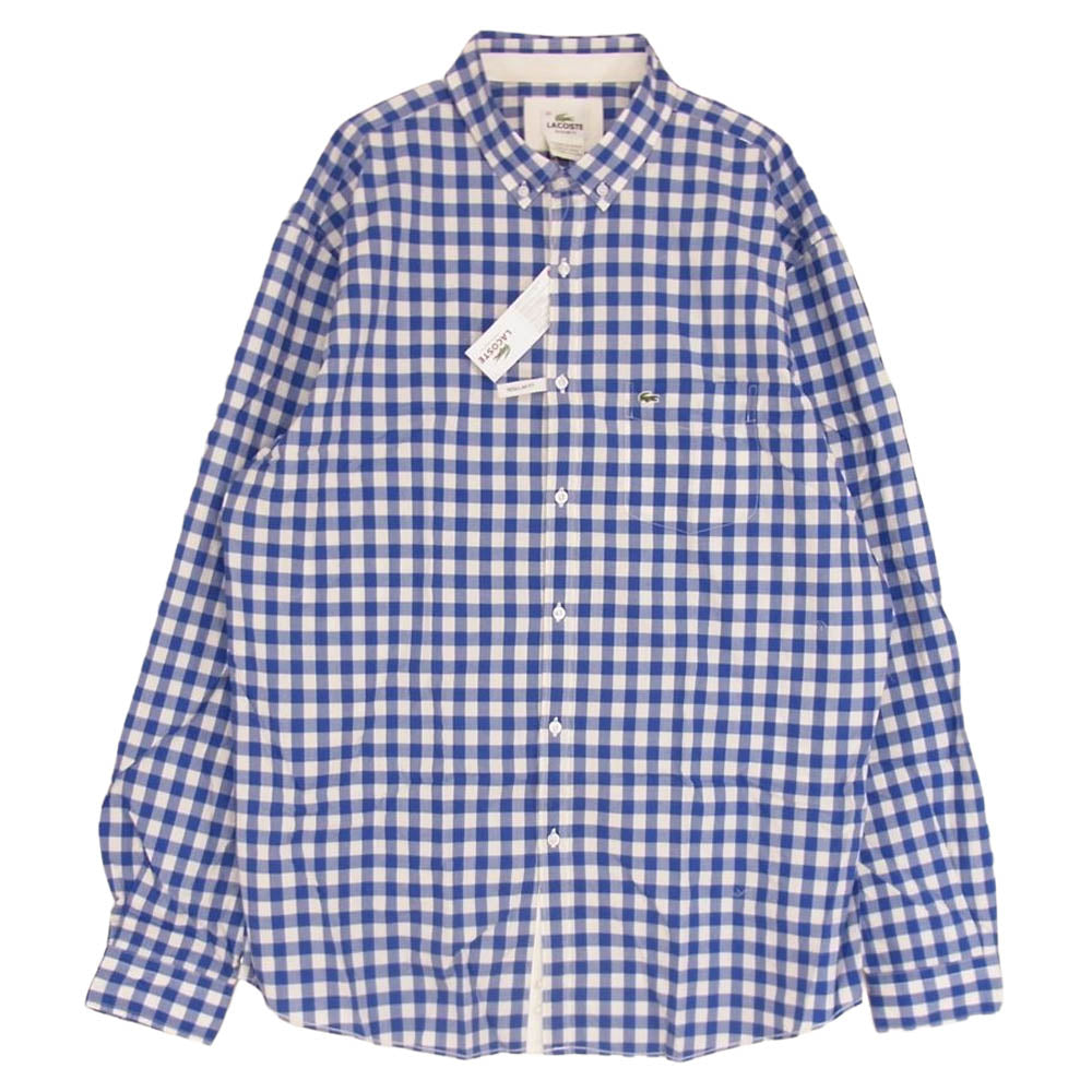 LACOSTE ラコステ ロゴ チェック 長袖 シャツ ホワイト ブルー ブルー系 ホワイト系 45【新古品】【未使用】【中古】