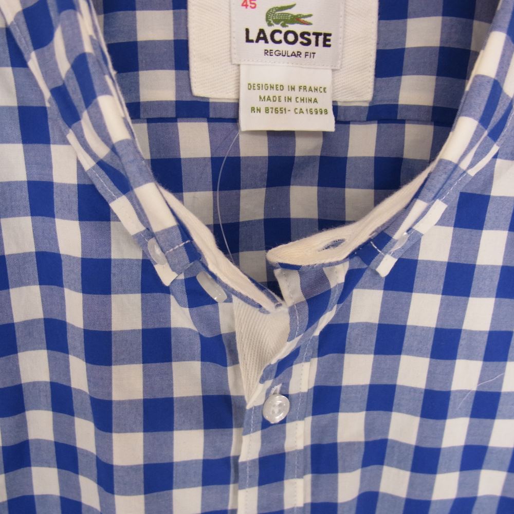 LACOSTE ラコステ ロゴ チェック 長袖 シャツ ホワイト ブルー ブルー系 ホワイト系 45【新古品】【未使用】【中古】