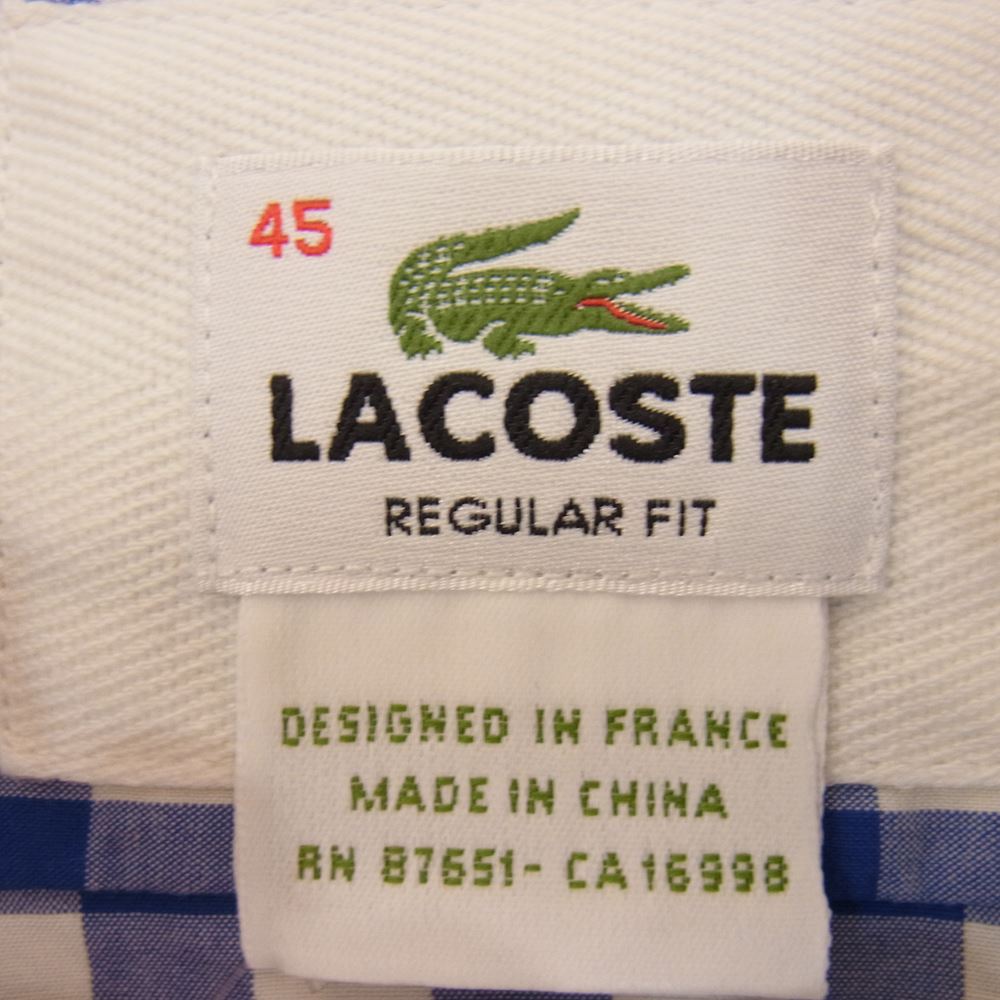LACOSTE ラコステ ロゴ チェック 長袖 シャツ ホワイト ブルー ブルー系 ホワイト系 45【新古品】【未使用】【中古】