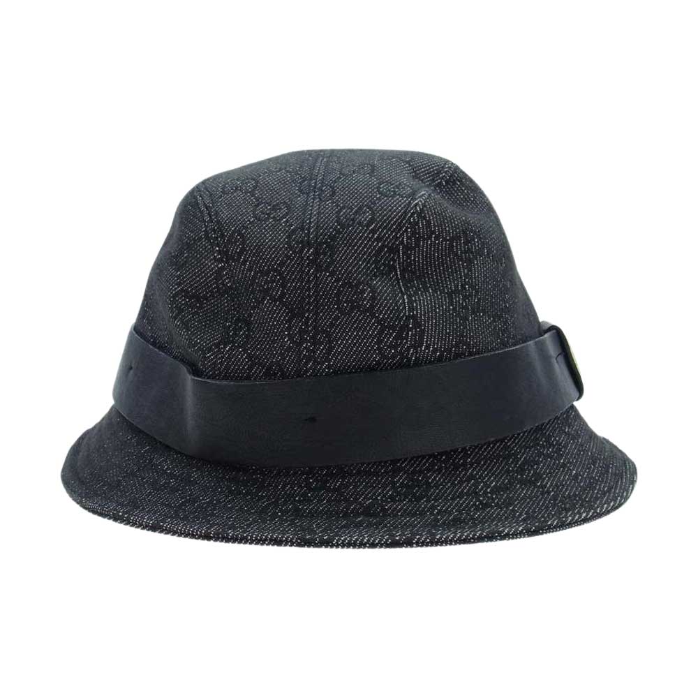 GUCCI グッチ GGキャンバス ジャガード レザーリボン ロゴプレート バケットハット グレー系 XL【中古】