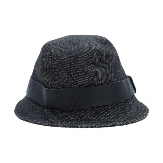 GUCCI グッチ GGキャンバス ジャガード レザーリボン ロゴプレート バケットハット グレー系 XL【中古】