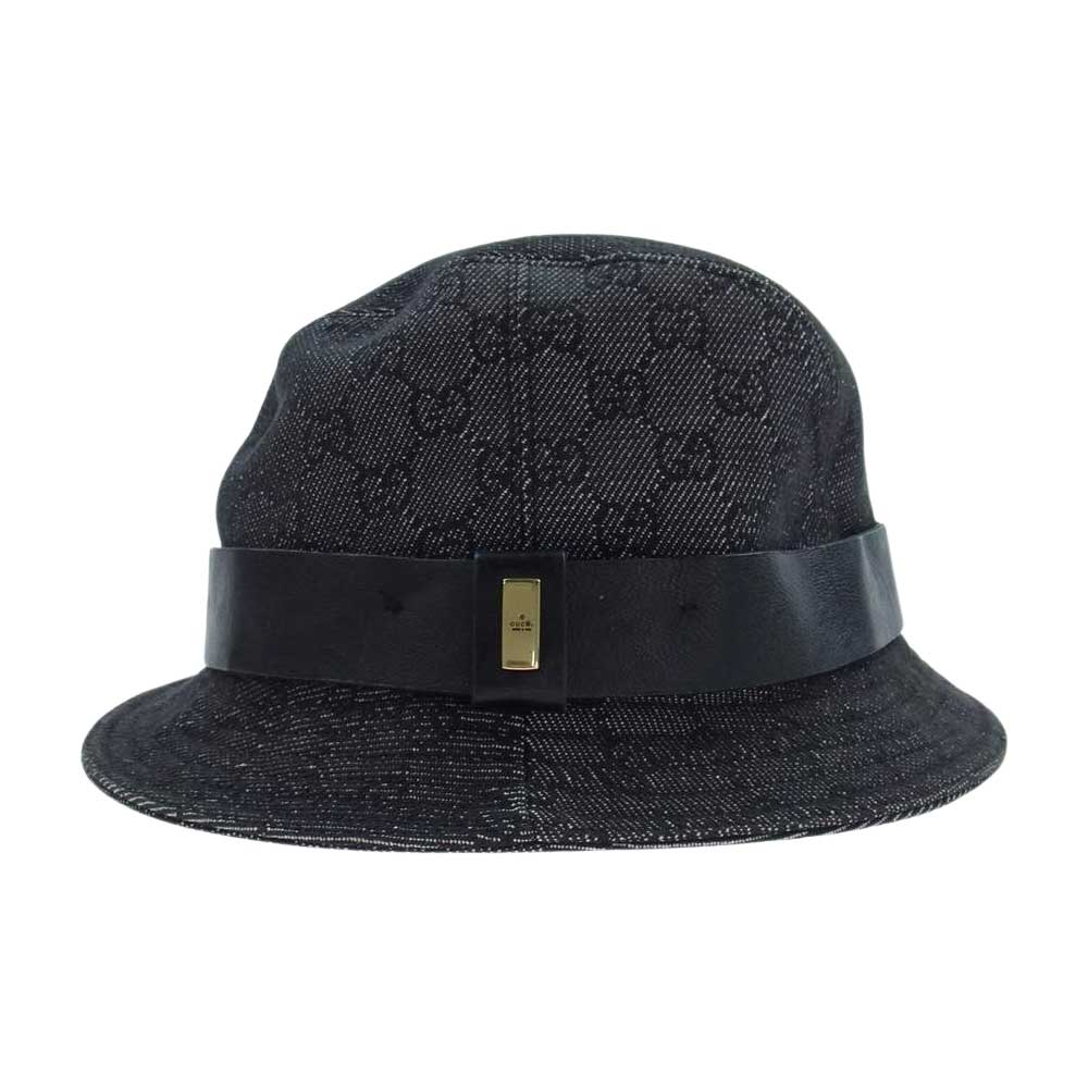GUCCI グッチ GGキャンバス ジャガード レザーリボン ロゴプレート バケットハット グレー系 XL【中古】