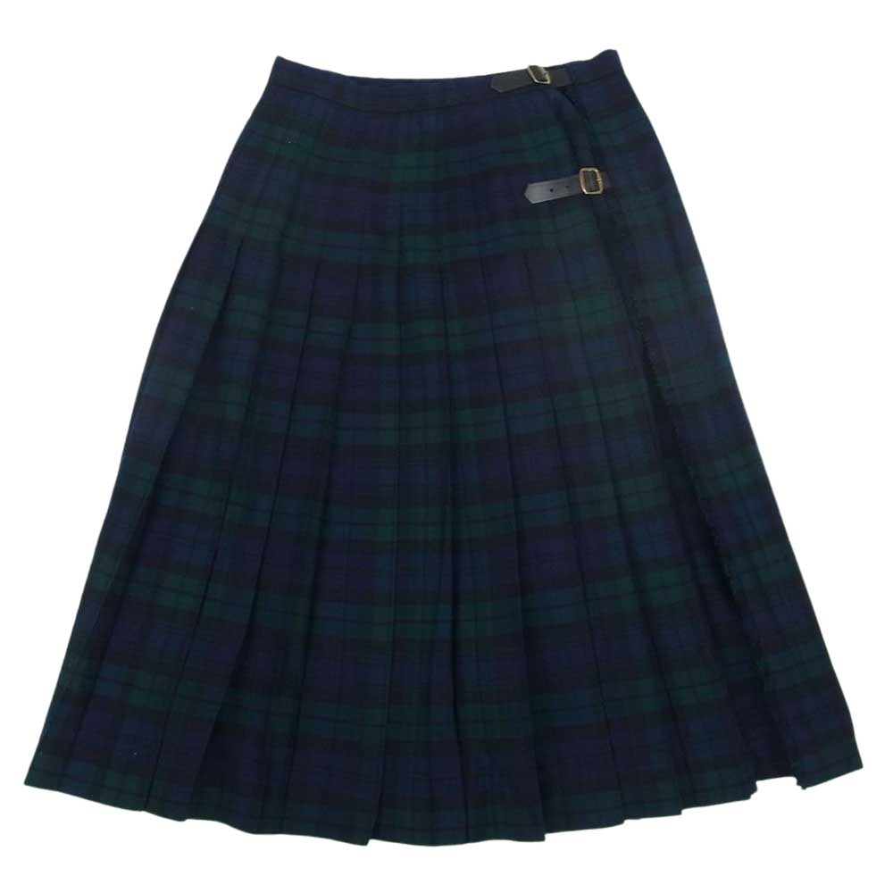 Aquascutum アクアスキュータム スコットランド製 ウール チェック ラップ プリーツ 巻き スカート  グリーン系 10【中古】