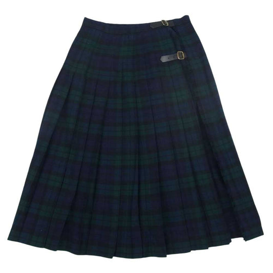 Aquascutum アクアスキュータム スコットランド製 ウール チェック ラップ プリーツ 巻き スカート  グリーン系 10【中古】