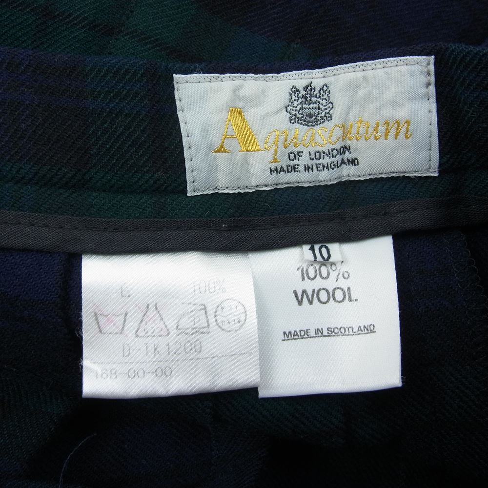Aquascutum アクアスキュータム スコットランド製 ウール チェック ラップ プリーツ 巻き スカート  グリーン系 10【中古】