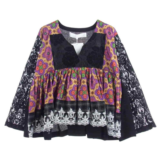 tao COMME des GARCONS タオ コムデギャルソン 22AW TJ-B009-051 チュールドッキング レーススリーブ トップス ブラック系 マルチカラー系 S【極上美品】【中古】