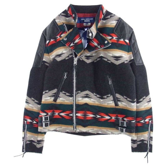 JUNYA WATANABE COMME des GARCONS MAN ジュンヤワタナベコムデギャルソンマン Pendleton ペンドルトン 22AW Wj-J014-051 レザー切替 綿ウールジャガード Wネーム ライダースJKT ブラック系 マルチカラー系 M【新古品】【未使用】【中古】