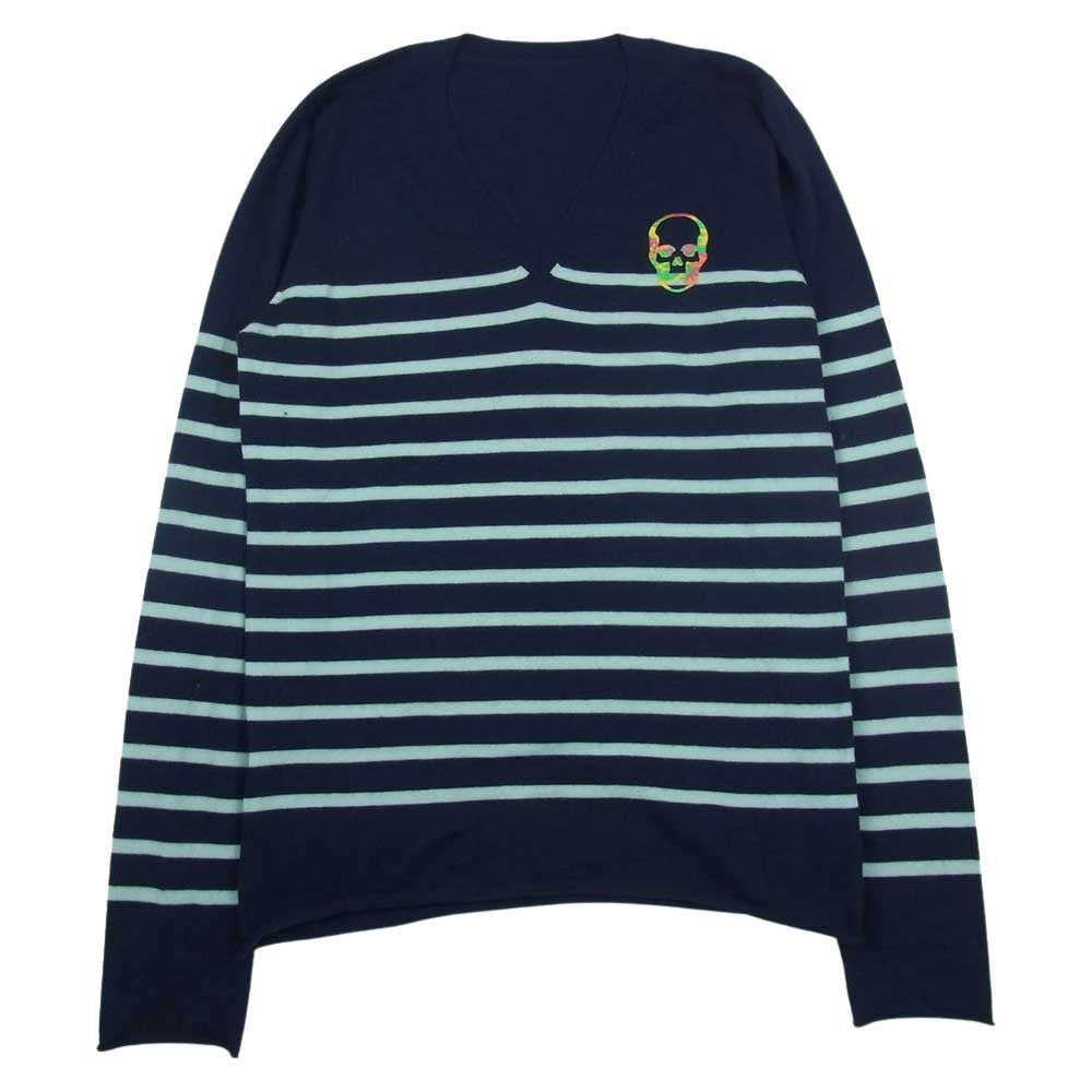 Lucien Pellat-Finet ルシアンペラフィネ カシミア スカル刺繍 Vネック ボーダー ニット カモフラ スカル  ネイビー系 M【中古】
